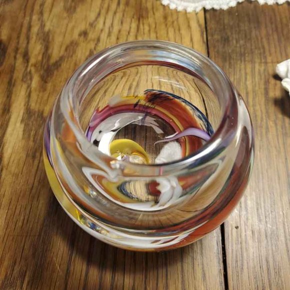 Art Glass Votive Holder Orb Paperweight 2007 Signed Lovely Color Swirls 3" Used - Picture 6 of 9